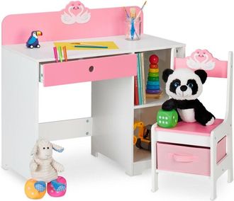 Relaxdays Scrivania e Sedia per Bambini, con Cassetto e 2 Ripiani Aperti, in mdf, Design Cigni Innamorati, Bianco Rosa - Relaxdays