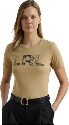 Lauren Ralph Lauren Petite Beaded-logo Cotton Jersey T-Shirts Womens Clothing Birch Tan : PXS