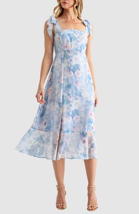 Lush Tie Shoulder Front Slit Midi Dress in Blue Floral at Nordstrom Rack, Size X-Large