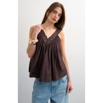 Topshop Deep V-Neck Lace Trapeze Top in Brown at Nordstrom, Size 16