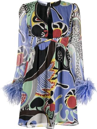 Moschino feather-trim psychedelic print dress - women - Silk/Silk/Acetate/Feather - 40 - Black