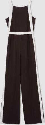 Reiss Chocolate & cream Colourblock Wide Leg Belted Jumpsuit, 6