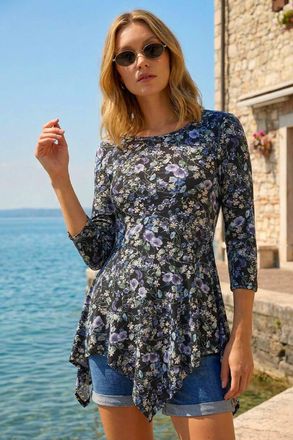 Roman Floral Print Asymmetric Stretch Top