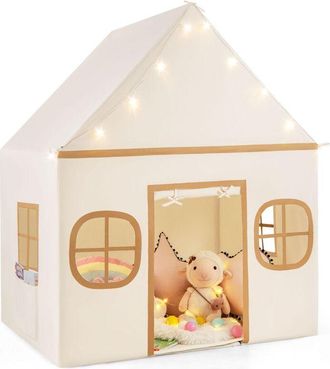 Costway Tenda da Gioco per Bambini, con Tenda Porta e Finestre, Luci a Stella, Tappetino Antiscivolo, Casetta per Bambini e Bambine 3-10 Anni, 120 x