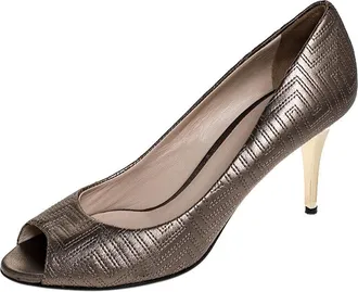 Versace Metallic Grey Embroidered Leather Peep Toe Platform Pumps