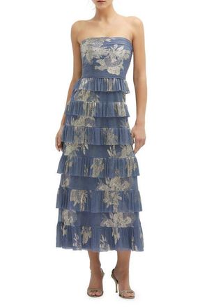 After Six Floral Print Ruffle Strapless Dress in French Blue at Nordstrom, Size Xx-Large