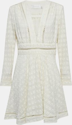 Zimmermann Cream Zephyr Broderie Cotton Plunge Neckline Mini Dress