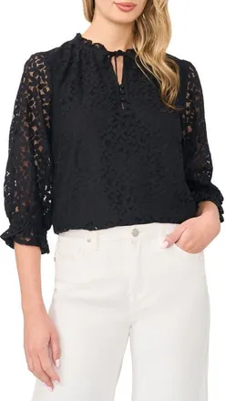 CeCe by Cynthia Steffe Lace Ruffle Tie Neck Top in Rich Black at Nordstrom, Size Xx-Small