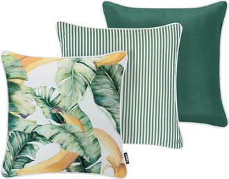 Beliani Conjunto De 3 Cojines Decorativos Para Exterior Accesorios De Jard&iacute;n Motivo Pl&aacute;tano Verde Gaillardia