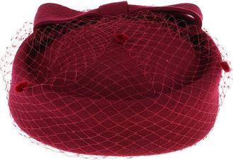 Hellery SM SunniMix Vintage Wool Felt Pillbox Hat with Bow Veil Fascinator Wedding Headpiece, Burgundy, as described