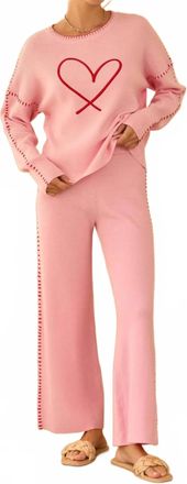 Skies Are Blue Clothing Heart Stitch Sweater Set In Pink