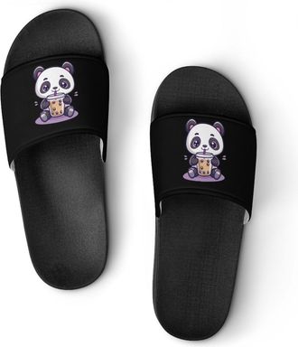 Generic Cute Panda Drinking Bubble Tea Shower Shoes Slipper for Women Men Beach Slippers Quick Drying Non Slip Open-Toe Sandals
