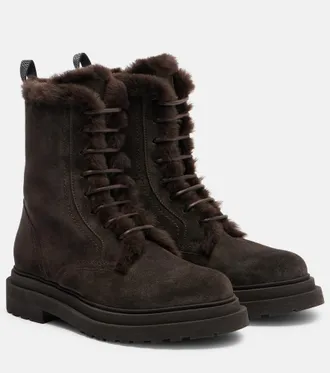 Brunello Cucinelli Monili shearling-trimmed suede lace-up boots