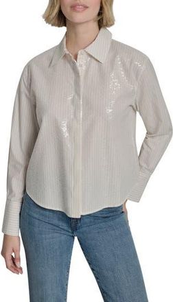 DKNY Sequin Pin Stripe Button Front Shirt in Eggnog Combo at Nordstrom Rack, Size X-Small
