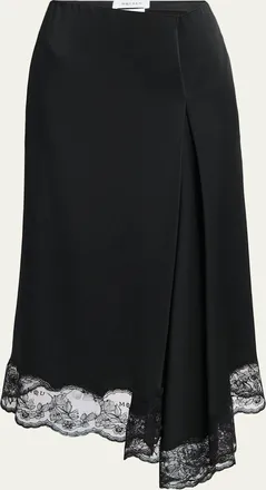 Alexander McQueen Asymmetric Lace-Trim Satin Midi Skirt