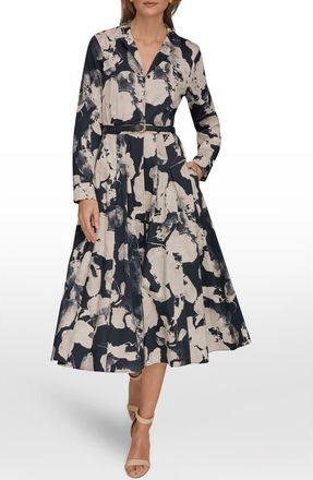 DKNY Print Pleated Long Sleeve Midi Dress in Nightfall Multi at Nordstrom, Size 10