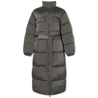 Good American Womens Long Line Belted Puffer Jacket in Black, Size Large