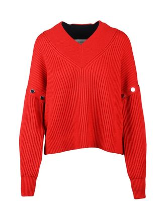 Sportmax Cropped Ribbed Knit Sweater with V-Neck and Adjustable Sleeves