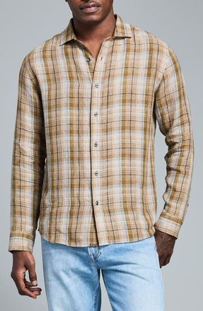 Billy Reid Cedar Dobby Plaid Linen Button-Up Shirt in Olive Multi at Nordstrom, Size X-Small