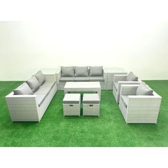 Fimous Outdoor Garden Furniture Rattan Sofa Set with 2 Armchairs Oblong Coffee Table 2 Small Footstools 2 Side Tables Light Grey Mixed - Fimous