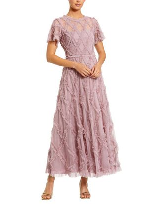 Mac Duggal Mesh High Neck Ruffle Maxi Dress