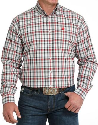 Cinch Mens Long Sleeve Plaid Shirt In Grey/red
