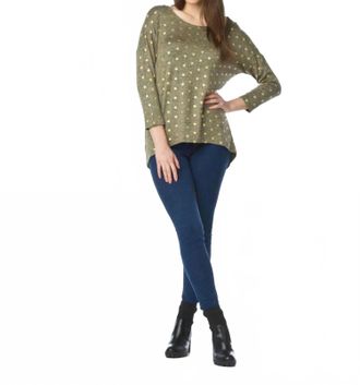 Papillon Gold Foiled Polka Dot High Low Stretchy Top In Khaki