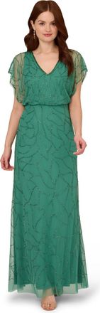 Adrianna Papell Womens Beaded Blouson Long Dress - Green - Size 8 UK