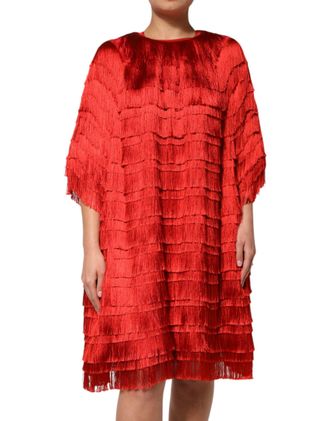 Dolce & Gabbana Womens Red Silk Tiers Fringe Shift Knee Length Dress