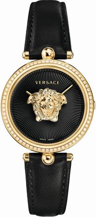 Versace Empire Zwart Lederen Gouden Diamanten Horloge - Dames - Horloges - Veelkleurig - ONE Size - Accessoires