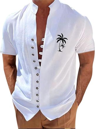Generic Hawaiian Shirts for Men Coconut Trees Graphic Beach Shirts Stand Collar Short Sleeve Button Down Shirt Fashion Summer Hawaiian Fancy Dress Loose Casua