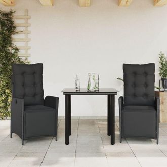 vidaXL Set Comedor De Jard&iacute;n 3 Pzas Con Cojines Rat&aacute;n Sint&eacute;tico Negro Vidaxl