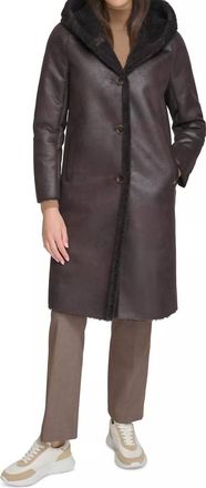 Calvin Klein Hooded Faux Shearling Trim Coat In Brown