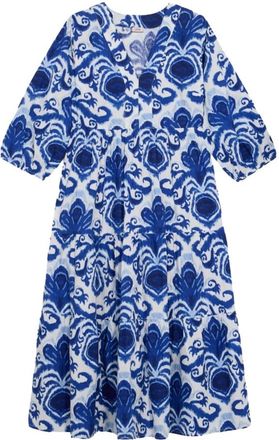 Oltre Patroon Katoenen Midi Jurk met Blousekraag - Dames - Casual kleedjes - Blauw - S - Katoen - Kleedjes