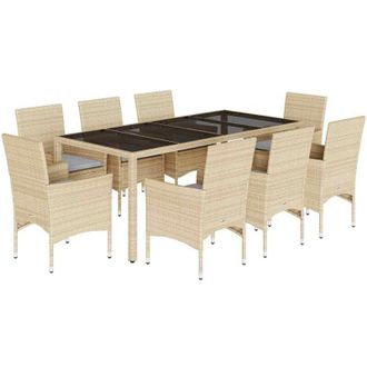 vidaXL Set Comedor Jard&iacute;n 9 Pzas Cojines Rat&aacute;n Sint&eacute;tico Vidrio Beige Vidaxl