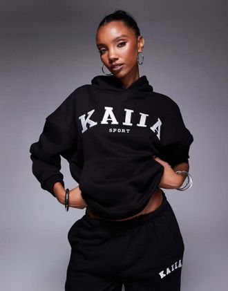 KAIIA Felpa con cappuccio oversize nera e crema in misto cotone con logo Sport ricamato in coordinato-Nero
