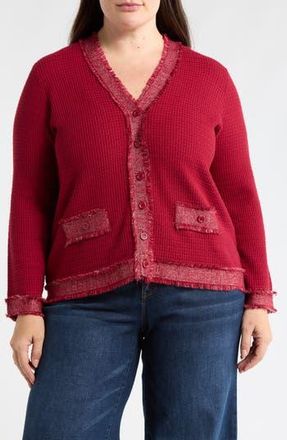 Adrianna Papell Fray Trim Waffle Knit Cardigan in Cranberry/Gold at Nordstrom Rack, Size 1X
