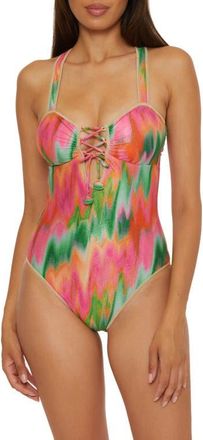 BECCA by Rebecca Virtue Mirage Metallic Lace-Up One-Piece Swimsuit in Pink Multi at Nordstrom, Size Medium