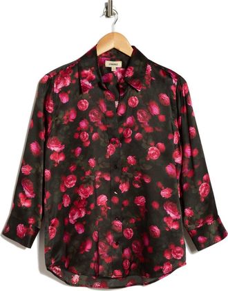 L'agence Dani Rose Print Silk Button-Up Shirt in Black/Pink Rosa Chinensis at Nordstrom Rack, Size X-Small