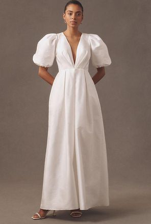 Watters Bungalow Puff-Sleeve Deep-V Taffeta Maxi Dress