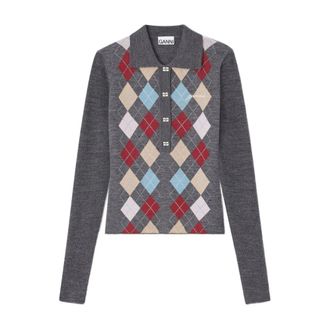 Ganni Round-neck Knitwear, female, Black, Size: S Print Polo Sweater