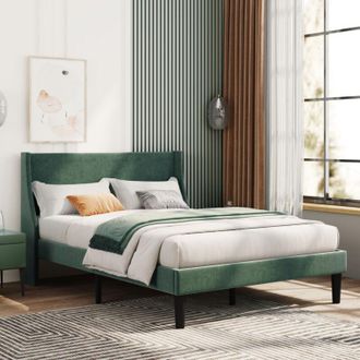 C&A Dark Green Velvet Double Bed 4FT6 with Winged Headboard and Wooden Slat Support