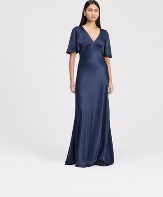 Ghost London Arabella Angel Sleeve Satin Maxi Dress in Navy at Nordstrom, Size 12