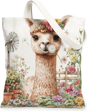Generic Spring Alpaca Canvas Tote Bag for Shopping 13x15, Farmhouse Country Animal Reusable Grocery Print Bag for Women, Farm Wildflower Beach Aesthetic Paint