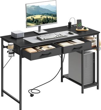 Woltu Woltu Escritorio Para Computadora Con Tomas De Corriente, Portavasos, Gancho Y 2 Cajones, Negro