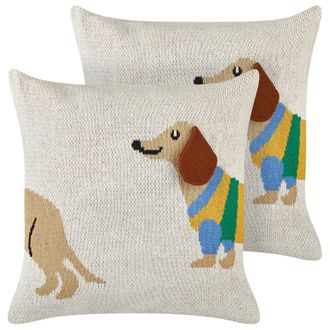 Beliani Beliani - Conjunto De 2 Cojines Decorativos Para Habitaci&oacute;n Infantil Motivo Perro Salchicha Funda Algod&oacute;n Beige 45 X 45 Cm Battal