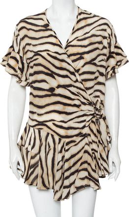 Just Cavalli Beige Animal Printed Silk Ruffled Mini Wrap Dress