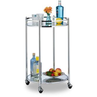 Relaxdays Carrello da Cucina Rotondo, Portavivande con 2 Ripiani a Specchio, Acciaio, con Rotelle, 75 x 50 cm, Argento - Relaxdays