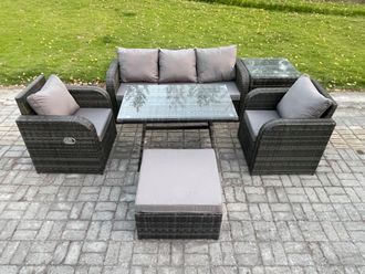 Fimous Rattan Wicker Garden Furniture Patio Conservatory Sofa Set with Dining Table Reclining Chair Big Footstool in Dark Grey