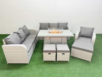 Fimous 10 Seater Poly Rattan Outdoor Garden Furniture Firepit Dining Table Sofa Set Patio 3 Seater Sofa Reclining Chair 3 Seater Sofa 3 Stools Light